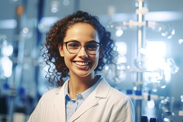 Joyful Brilliance: A Visionary Scientist Radiating Confidence in Her Lab