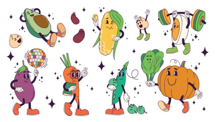 Vector set of vegan stickers. Funny characters mascots: vegetables, beans, egg