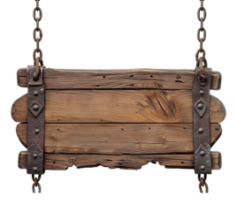 Medieval wooden sign hanging on chains illustration PNG element cut out transparent isolated on white background ,PNG file
