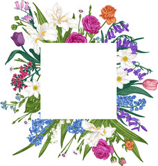 Floral vintage illustration. Square frame with spring and summer garden flowers. Colorful. Art line. - 733881387