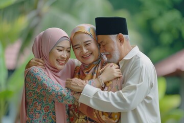 muslim family back home and hugging shake hand when eid mubarak or hari raya - obrazy, fototapety, plakaty