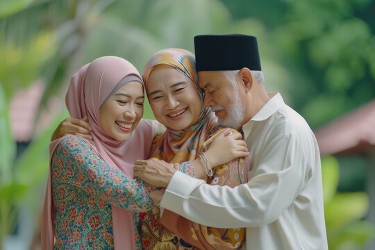 muslim family back home and hugging shake hand when eid mubarak or hari raya