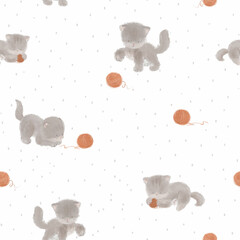 Beautiful seamless pattern with cute hand drawn kitty playing with ball skein of thread.