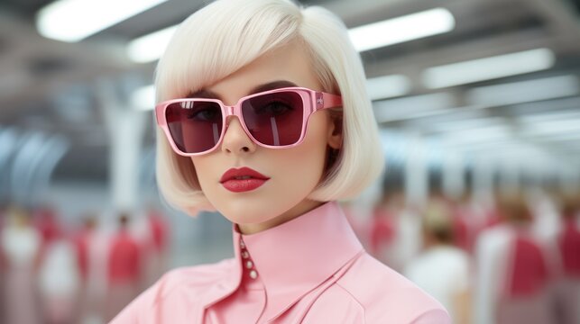 Trendy 1960s style fashion model woman wearing pink sunglass. Generative ai
