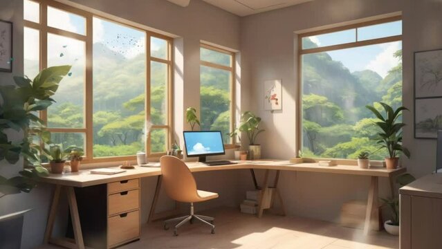 study room with a modern concept. Cartoon or anime watercolor painting illustration style. seamless looping virtual video animation background.