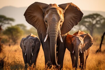 Elephant family in african savannah surrounded by stunning greenery and wildlife