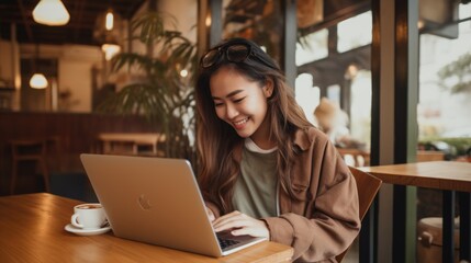 Entrepreneur Asian woman working on a laptop in a cafe. Generative ai