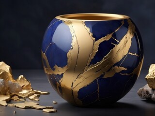  A kintsugi flower pot isolated in black background.