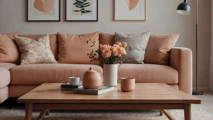 Minimal living room, featuring a close-up of a wooden coffee table near a sofa, set in trendy peach colors. 