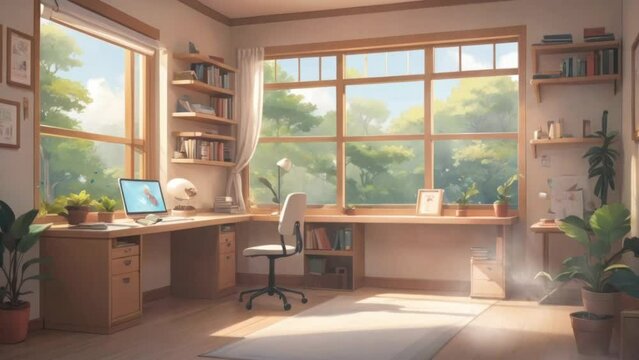 study room with a minimalist concept. Cartoon or anime watercolor painting illustration style. seamless looping virtual video animation background.
