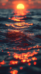 Sunset over water, the sun's golden glow on the ocean's surface, highlighting the gentle ripples and creating a sparkling effect on the water