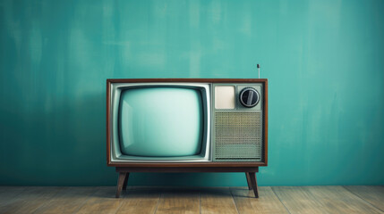 Retro old television isolated against blue wall. Generative ai