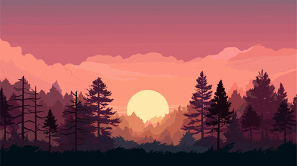 Mystic woodland at twilight  where the silhouettes of towering trees blend with the hues of a setting sun  evoking a sense of mystery. simple minimalist illustration creative