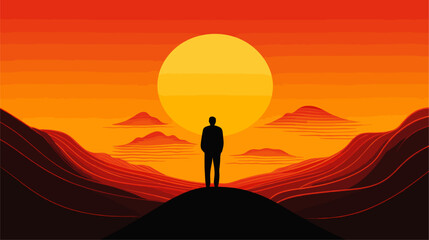 Abstract depiction of a confident leader's silhouette against a rising sun  symbolizing vision  guidance  and the dawn of new possibilities. simple minimalist illustration creative - obrazy, fototapety, plakaty