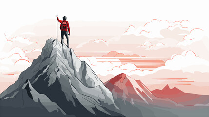 Vector illustration portraying a mountain climber reaching the summit  symbolizing the triumphant journey and success achieved through perseverance and determination. simple minimalist illustration - obrazy, fototapety, plakaty