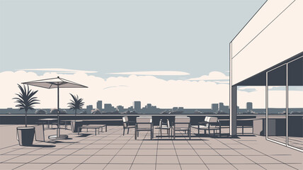 Vector art of a rooftop terrace with panoramic views  showcasing the exclusive and breathtaking amenities offered by the best city hotel. simple minimalist illustration creative
