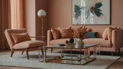 Minimalistic living room, emphasizing a close-up of a wooden coffee table near a sofa, surrounded by trendy peach-colored interiors.