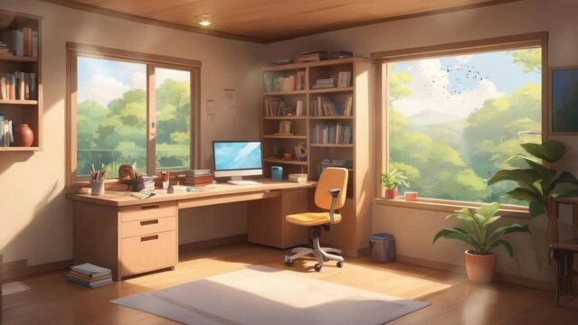 study room with a modern concept. Cartoon or anime watercolor painting illustration style. seamless looping virtual video animation background.