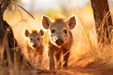 Fototapeta premium African warthogs family in its natural habitat during an exotic safari adventure