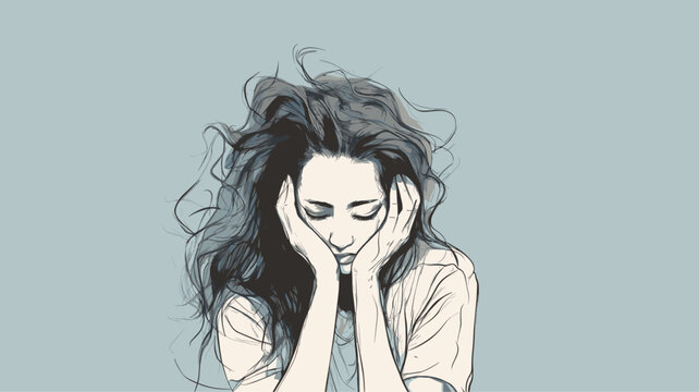 Vector illustration of a distressed woman with her head in her hands  conveying the emotion of frustration or overwhelm (頭を抱える女性). simple minimalist illustration creative