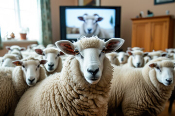 Schafe in einem Wohnzimmer mit Fernseher - 733883711