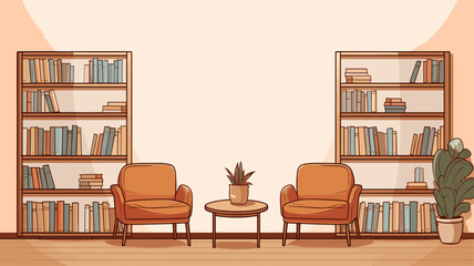 Vector art showcasing a cozy library corner with comfortable chairs and warm lighting  emphasizing the inviting and tranquil aspects of library spaces. simple minimalist illustration creative