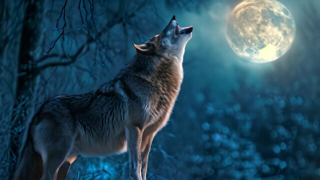 Night howling wolf. 4k video animation