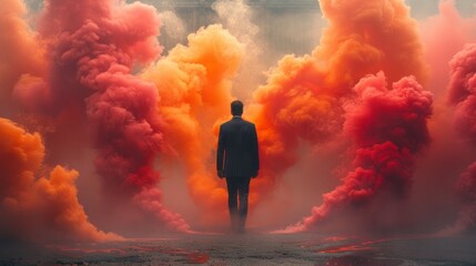 Man in the suit, shooted from the back walking through the colorful clouds.