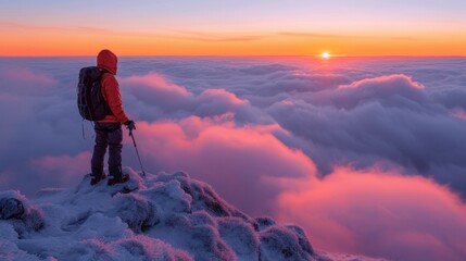 Naklejka na ściany i meble Outdoor image, the top of the mountain. Sunrise, sunset, hiker, sky. Landscape.