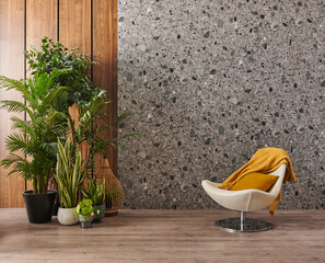 Home room concept, vase of green plant, chair, frame and wooden marble background.
