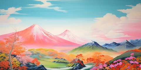 Fuji mountain painting. Sakura blossom and misty forest on mountain.
