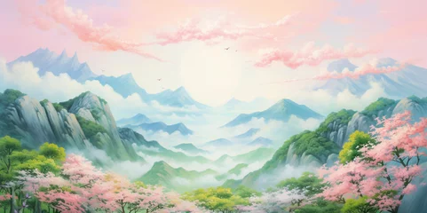 Schilderijen op glas pastel painting Japanese landscape with pink cherry blossoms in the foreground Cherry blossoms and misty forest on the mountain © Rassamee