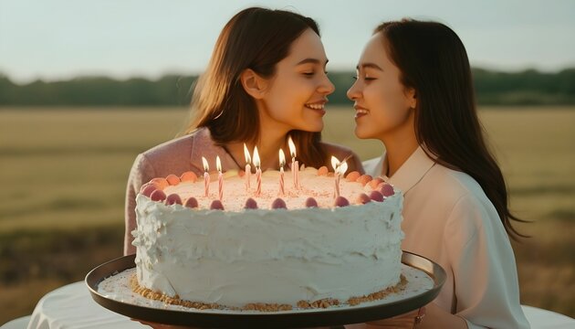 Happy birthday cover photo with children girls pink cake celebrating