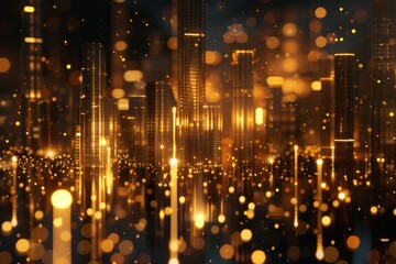 Obraz na płótnie Canvas A city skyline at night in gold lights.