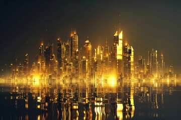 Fototapeta na wymiar A city skyline at night in gold lights.