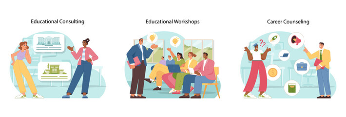 Academic support set. People of various ages using services like educational consulting, workshops, and career counseling for personal development. Importance of education. Flat vector illustration