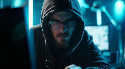 A shadowy figure of a hacker with a hoodie sits in a dark room, typing malicious code on a computer with multiple screens, committing cybercrime. - obrazy, fototapety, plakaty