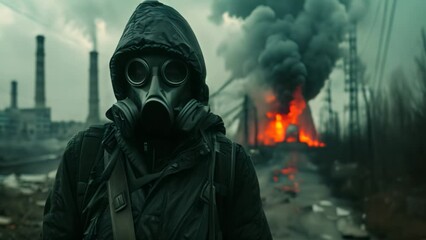 Apocalypse, nuclear war, radiation, concept. Stalker man in a gas mask standing against backdrop of fire and smoke at a nuclear station, slow motion