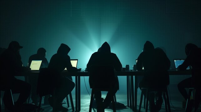 Shadowy silhouettes of cybercriminals at work, representing hackers and troll farms, with a dark, ominous backdrop suggesting online threats and cyber warfare.