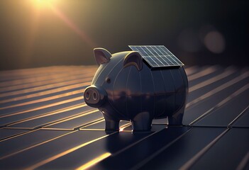 3D render: A solar panel in the form of a piggybank on a roof. Concept for saving money with your own solar energy plant. Sun flares. Web banner format. Generative AI - obrazy, fototapety, plakaty