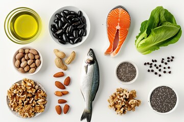 Food sources of omega 3 and omega 6 on white background top view. Foods high in fatty acids including vegetables, seafood, nut and seeds