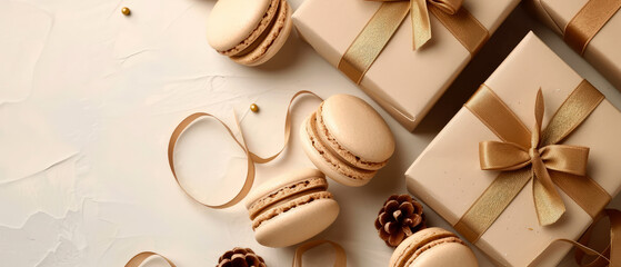 Luxury holidays background with gift boxes, beige macarons, sweets delicious, desserts, golden decoration. Pastry food mockup. flat lay. Generative ai