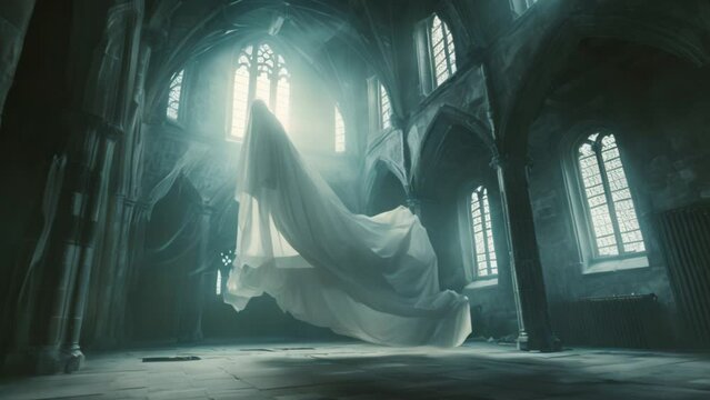 Halloween ghost in a white sheet flying in the air in a castle. Nightmare and horror concept