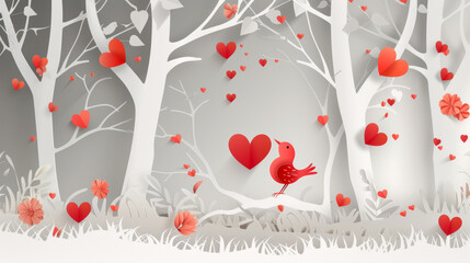 Flat illustration for Valentine's Day featuring paper art style, with romantic motifs and a warm, love-inspired color palette.