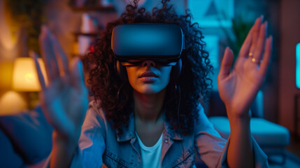Young woman using virtual or augmented reality headset in home. Woman with VR goggles in living room. Futuristic lifestyle concept.