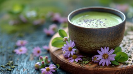Cup of matcha latte green tea and spring flowers on rustic wooden background