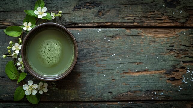Cup of matcha latte green tea and spring flowers on rustic wooden background