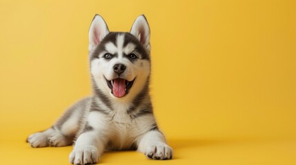 Portrait of a cute lying Siberian husky puppy on a yellow background. A postcard with a place for text, a place to copy