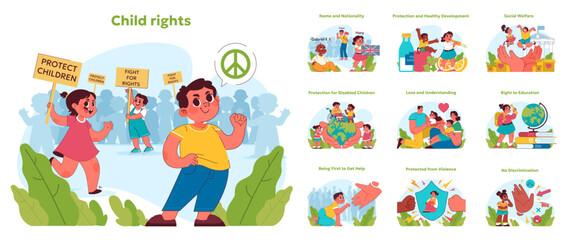 Child rights set. Multifaceted advocacy for kids, teens and youth welfare. Global diversity and inclusion. Educational access, social care, and protection from harm and violence. Vector illustration