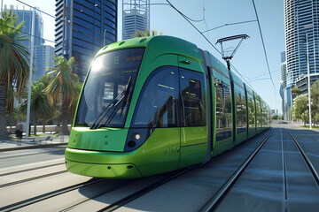 Fototapeta premium Green Public tram, train. Futuristic electric transport concept. 